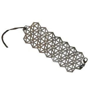 Leather Cuff Laser Cut Metallic Silver Geometric Wide Cuff Bracelet Adjustable